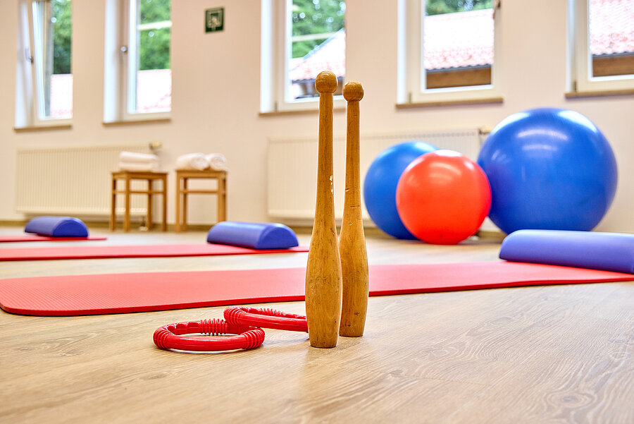 Verschiedene Sportgeräte, wie Bälle, Keulen und Ringe warten auf die Seminarteilnehmer.