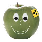 Das Firmenlogo von Apfel-Fleger zeigt einen grünen Apfel mit einem lächelnden Gesicht und den drei schwarzen Punkten auf gelben Grund.