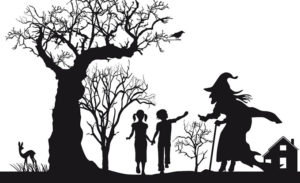 Scherenschnitt zeigt Hänsel, Gretel und die böse Hexe