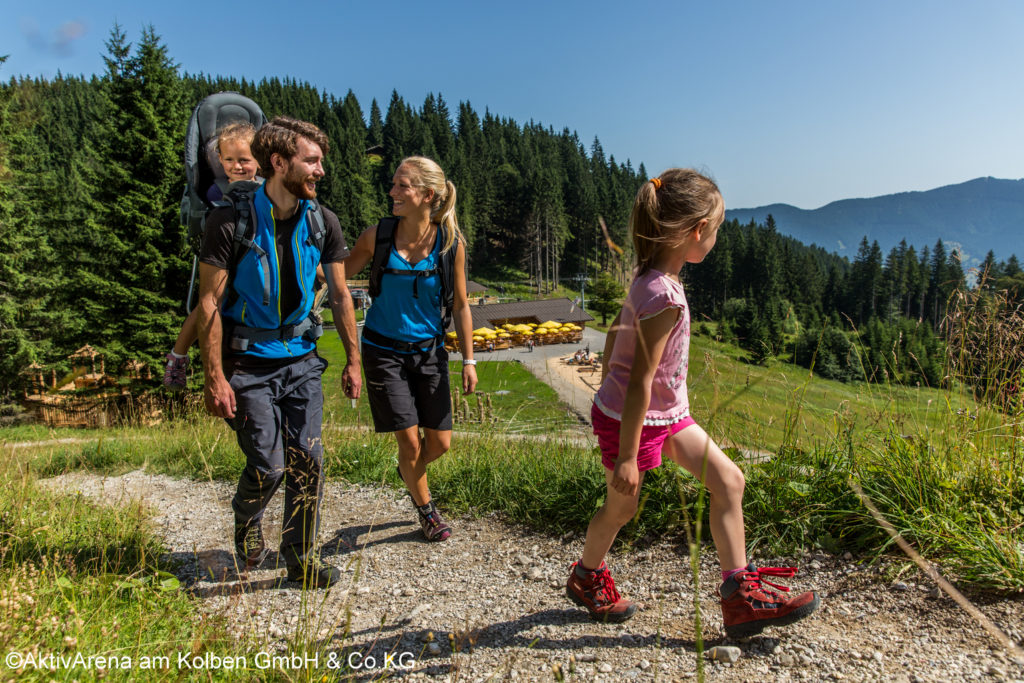 Auf dem Berg wandert eine vierköpfige Familie. Ein Mädchen läuft vorne weg die lächelnden Eltern und ein keines Kind in der Rückentrage gehen hinterher.